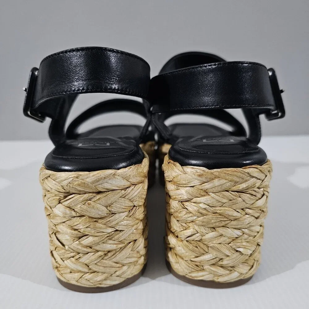 Marc Fisher LTD Patryce Platform Espadrille Sandal Size 9.5 Black Leather Raffia
